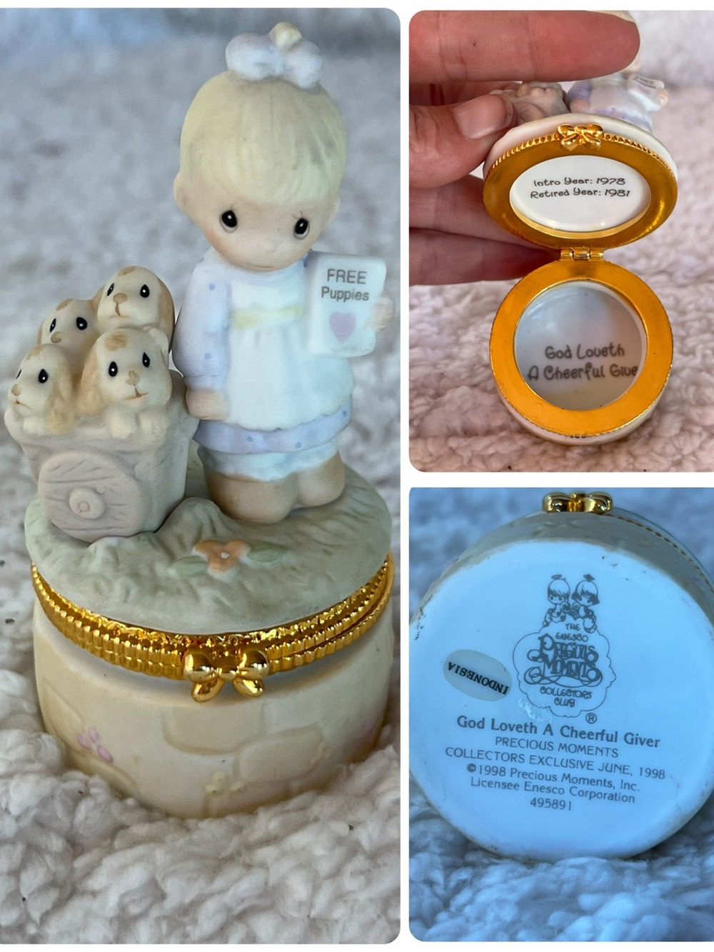 Precious Moments Porcelain Girl with Puppies Trinket Box in Cream, Gold & Pastel